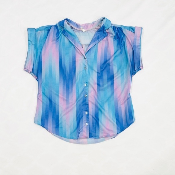 Vintage 80s Blue Purple Pink Ombré Cap Sleeve Button Down Blouse - Picture 1 of 9